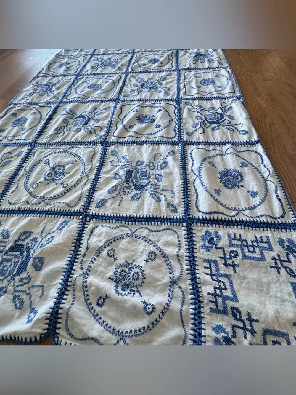 Vintage Hand Embroidered Bluework Table Runner Dresser Scarf Crocheted Floral
